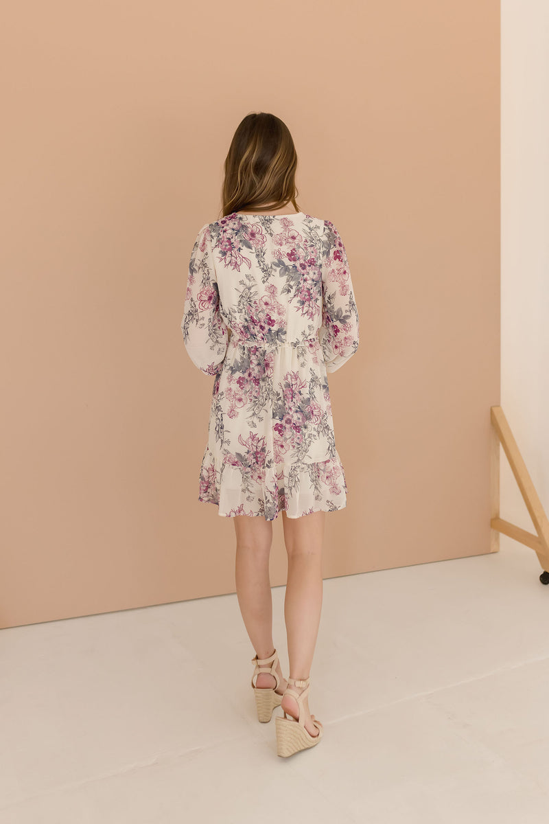 Long Sleeve Floral Print Mini Dress Blush