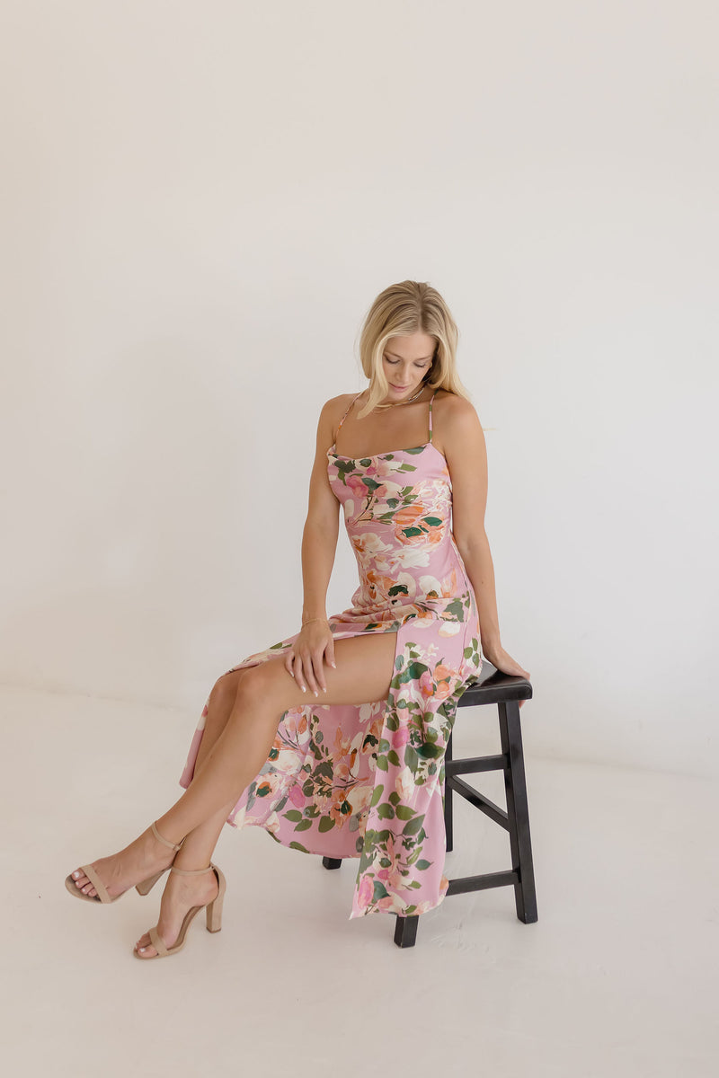 Floral Print Open Back Lace Up Satin Maxi Dress Pink