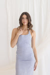  Sleeveless Halter Stripe Print Linen Maxi Dress Blue