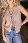 Sleeveless Front Tie Knit Vest Taupe