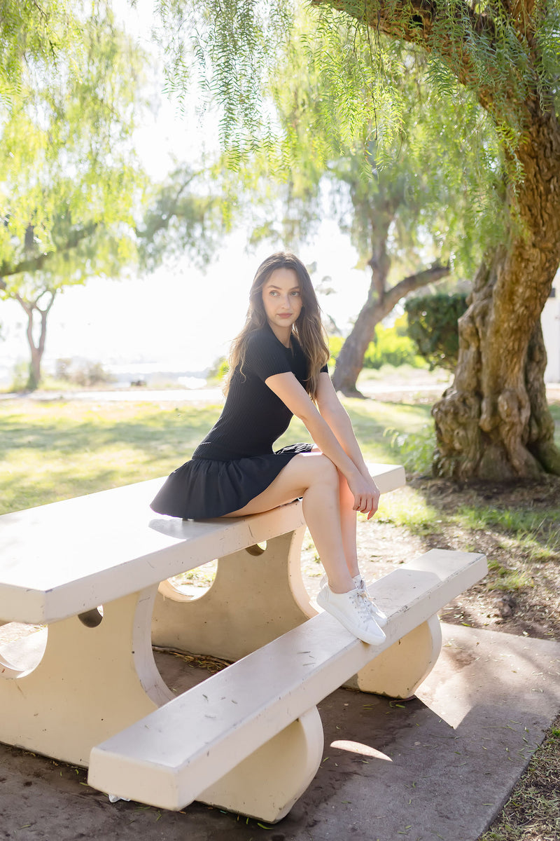 Short Sleeve Ribbed Knit Flared Mini Dress Black