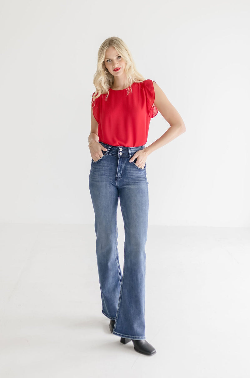 Pleated Short Sleeve Top Red
