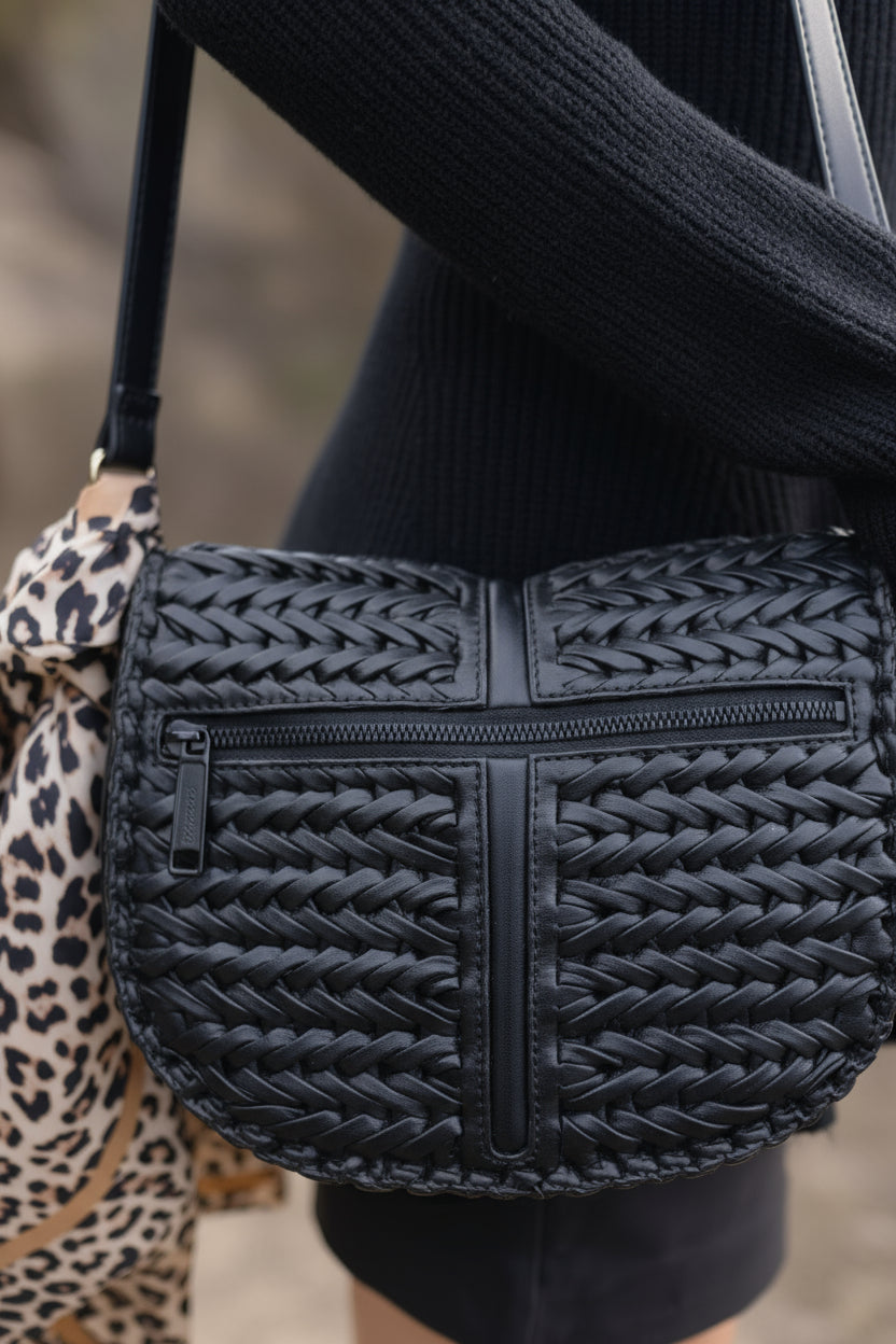 Faux Leather Woven Crossbody Black