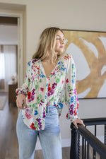 Long Sleeve Floral Print Top White