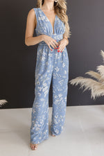 Sleeveless Plunging V-Neckline Floral Print Jumpsuit Blue
