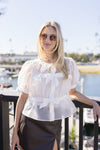 hort Puff Sleeve Sheer Contrast Bow Tie Peplum Top White
