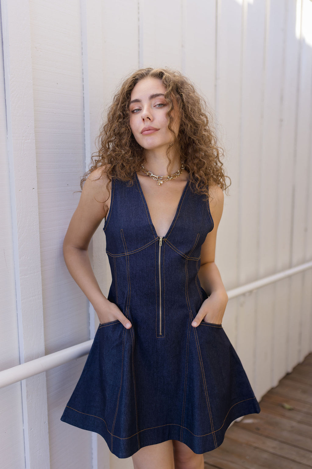 Sleeveless Zip Up Denim Mini Dress Dark Wash