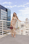 Sleeveless Halter Animal Print Maxi Dress Brown