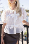hort Puff Sleeve Sheer Contrast Bow Tie Peplum Top White