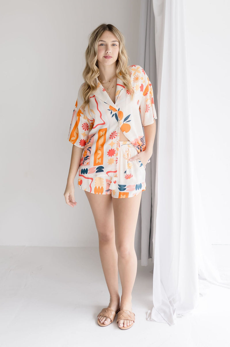 Button Down Abstract Print Top And Shorts Set Orange