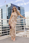 Tiana Sleeveless Halter Animal Print Maxi Dress Brown