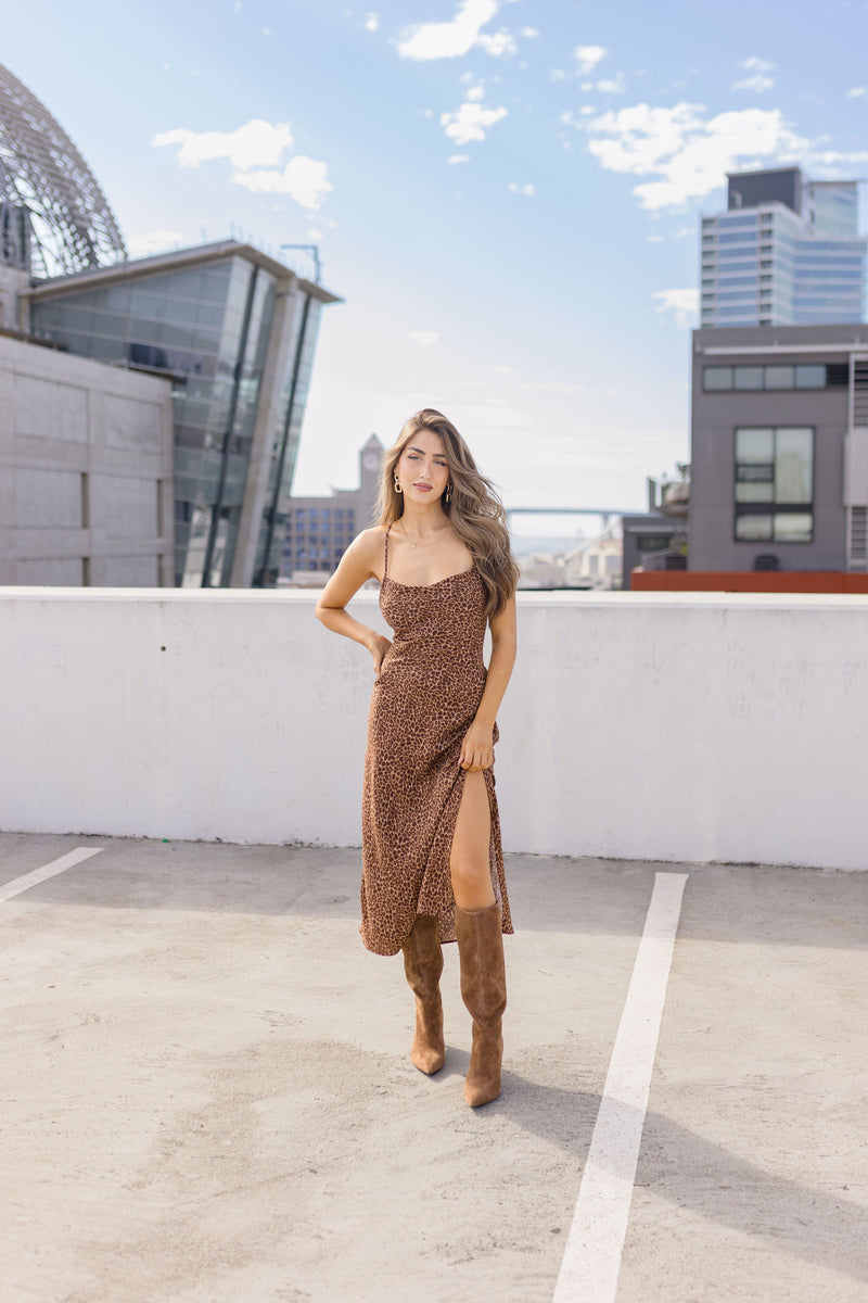 Sleeveless Animal Print Maxi Dress Mocha