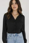 Long Sleeve Button Down Satin Top Black