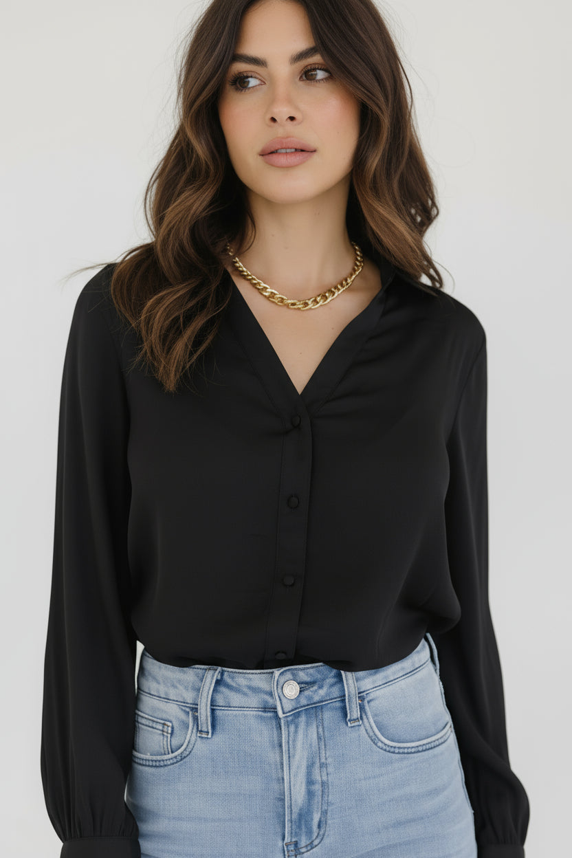 Long Sleeve Button Down Satin Top Black