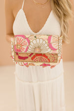 Beaded Floral Crossbody Clutch Pink