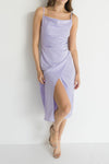 Simone Sleeveless Faux Wrap Satin Midi Dress Lavender