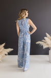 Sleeveless Plunging V-Neckline Floral Print Jumpsuit Blue