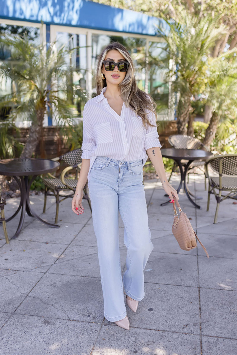 Elliott Long Sleeve Stripe Print Button Down Top Taupe