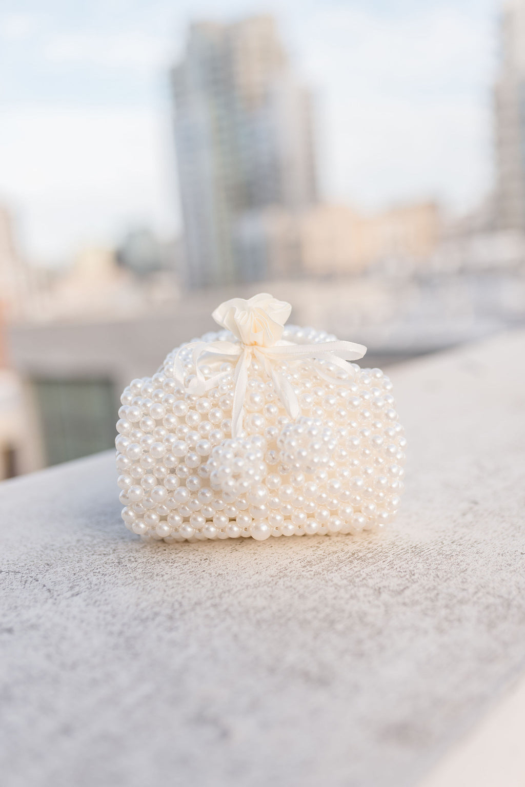 Top Handle Faux Pearl Beaded Mini Purse White