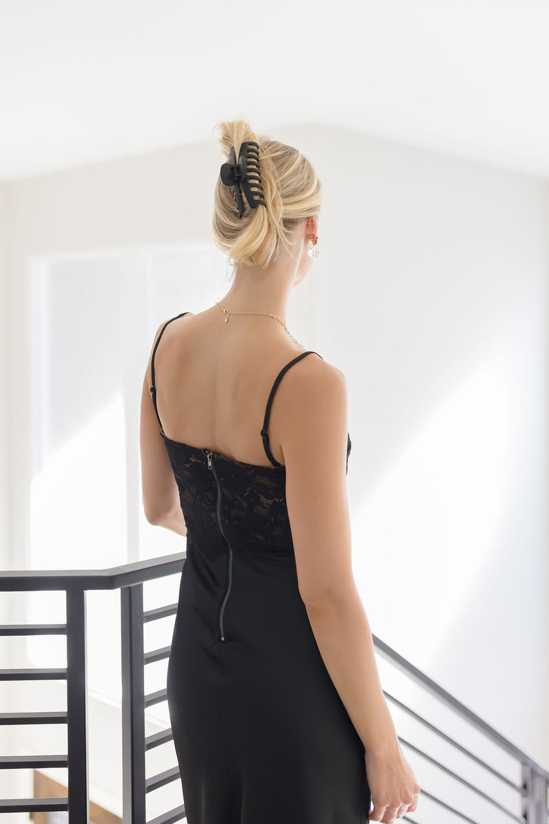 Sleeveless Lace Bodice Satin Midi Dress Black