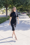 Short Sleeve Ribbed Knit Midi Dress Black
