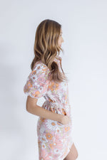  Short Sleeve Zip Front Floral Print Mini Dress Pink