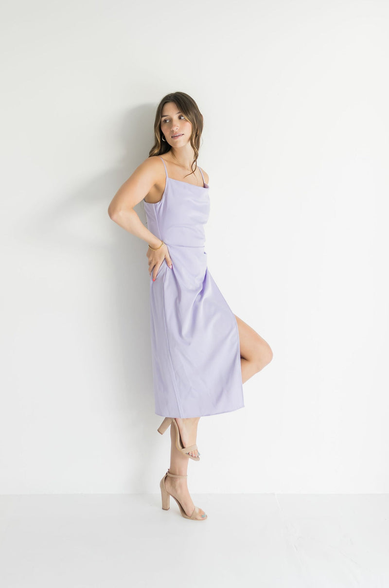 Sleeveless Faux Wrap Satin Midi Dress Lavender