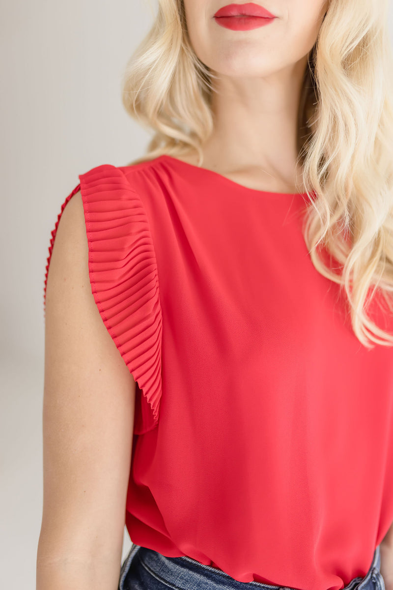 Pleated Short Sleeve Top Red