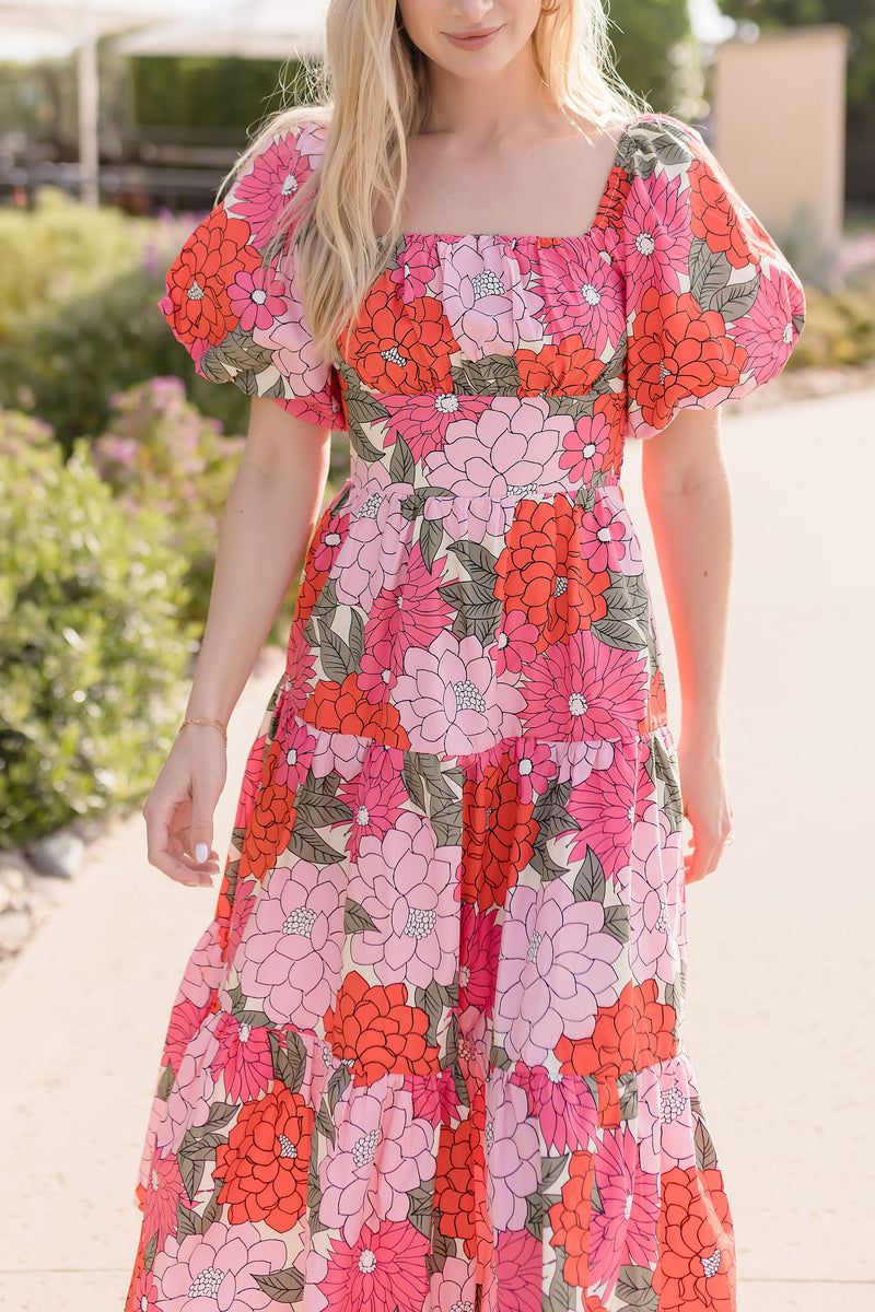 Short Puff Sleeve Floral Print Tiered Midi Dress Coral