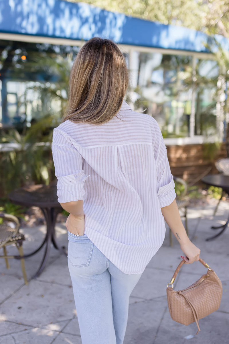 Elliott Long Sleeve Stripe Print Button Down Top Taupe
