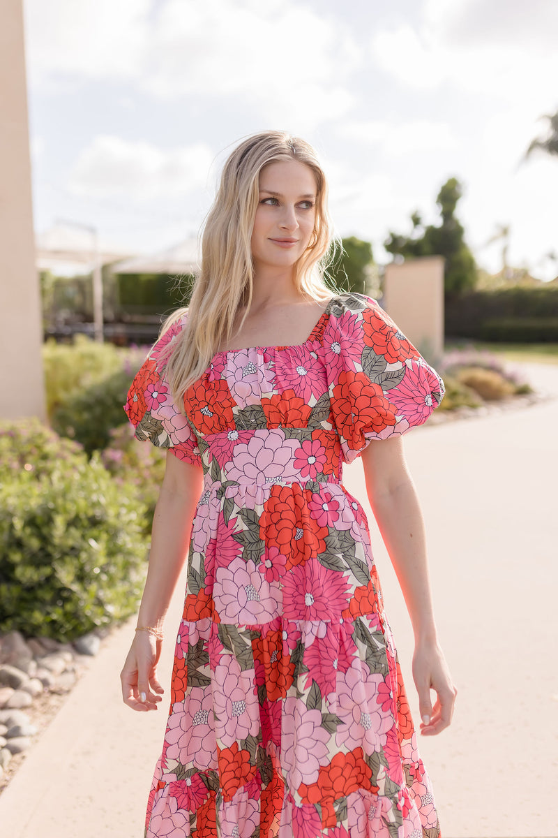 Short Puff Sleeve Floral Print Tiered Midi Dress Coral