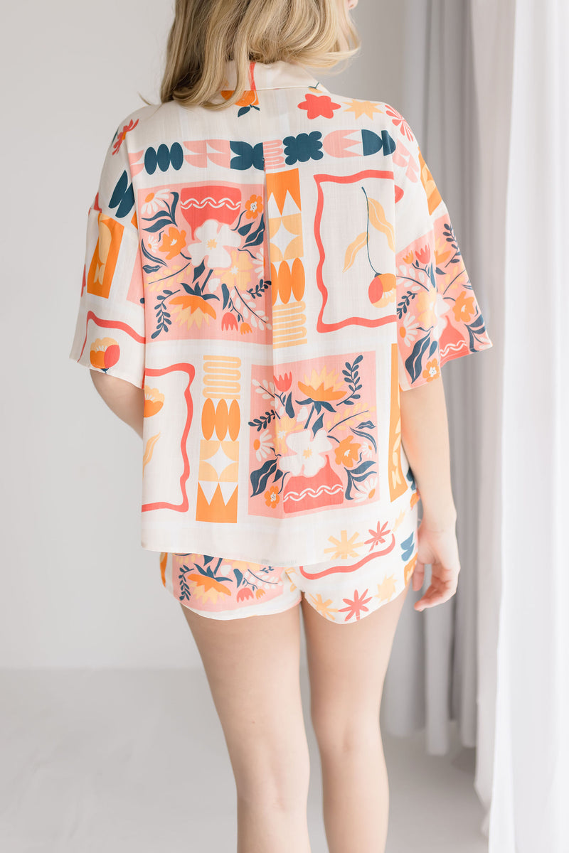 Button Down Abstract Print Top And Shorts Set Orange