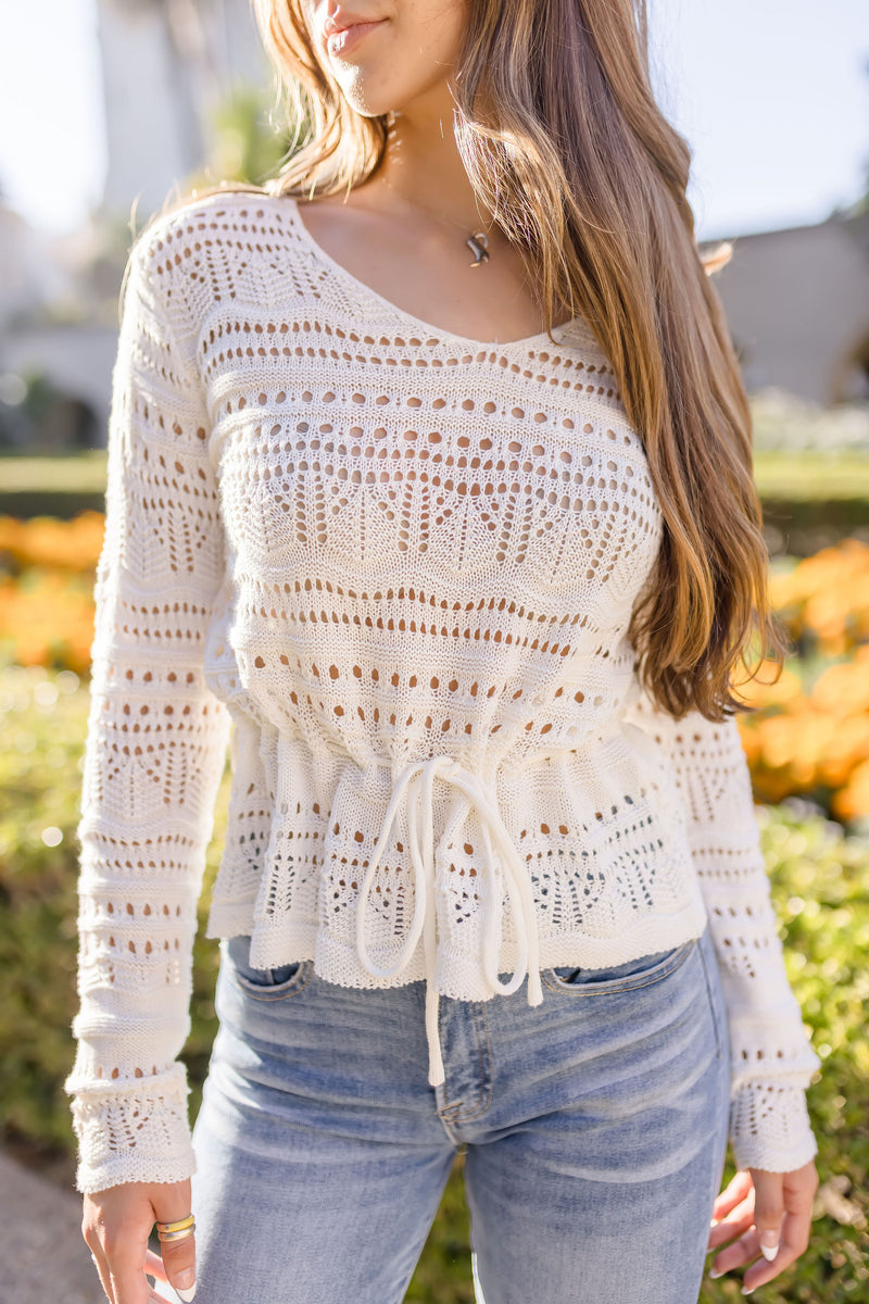  Long Sleeve Crochet Sweater Top Ivory
