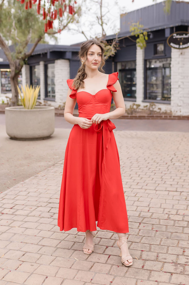 Lizette Flutter Sleeve Waist Tie Maxi Dress Red Small