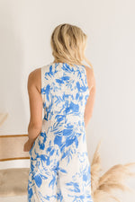 Sleeveles Cut Out Floral Print Wide Leg Jumpsuit Blue