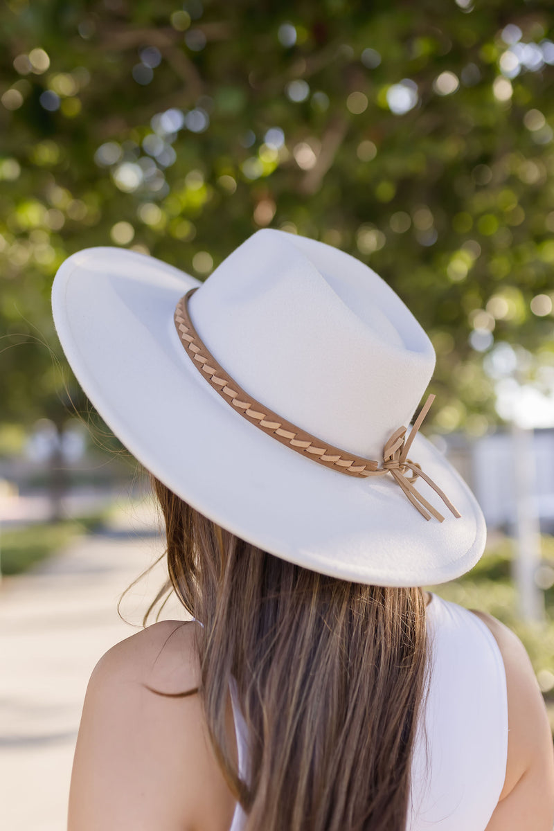  Wide Brim Braided Flat Band Panama Hat White