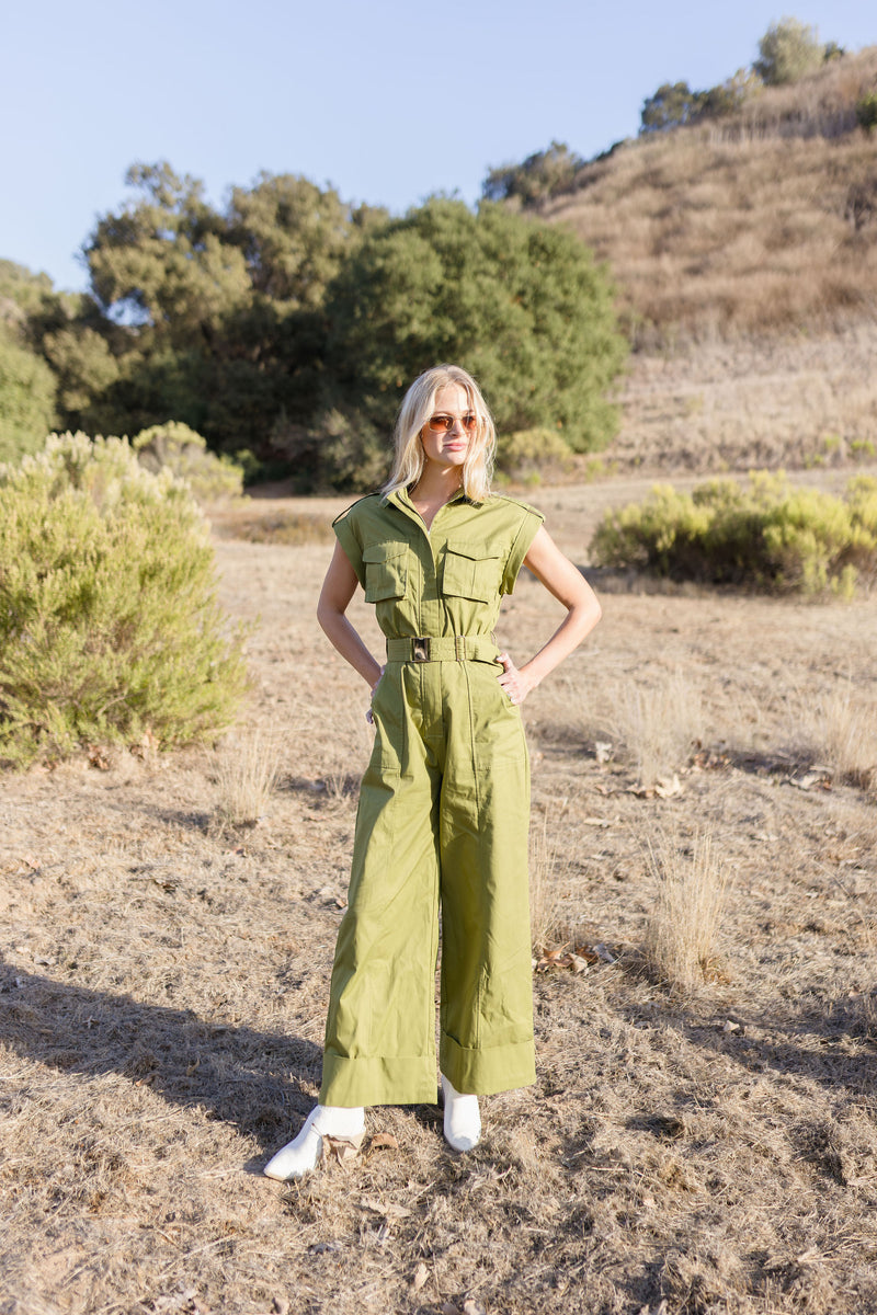 Christine Short Sleeve Belted Utility Wide Leg Jumpsuit Green