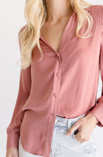 Long Sleeve Button Down Satin Top Rose