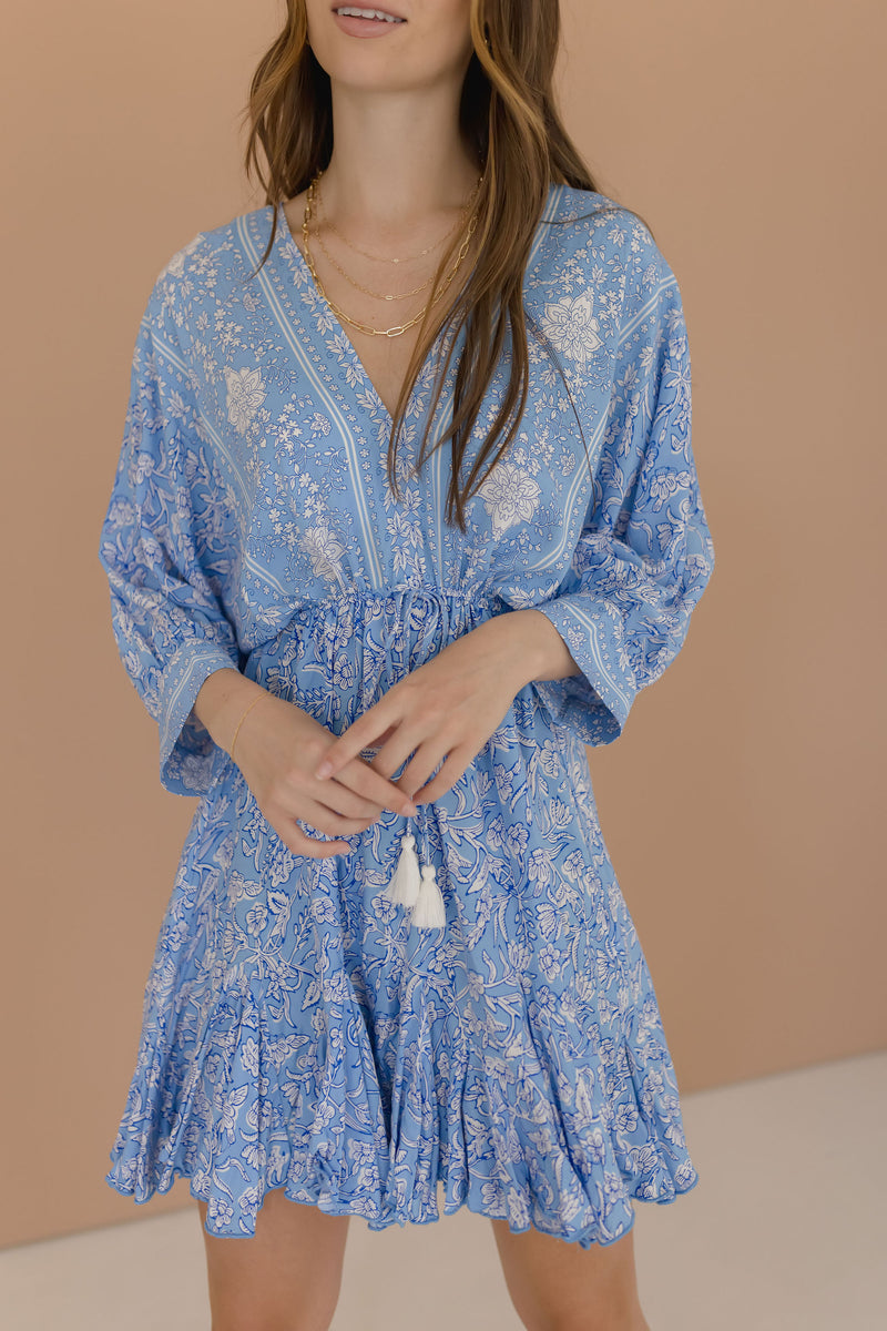  Dolman Sleeve Floral Print Mini Dress Blue