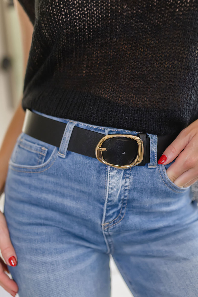 Oval Metal Buckle Vegan Leather Belt Black