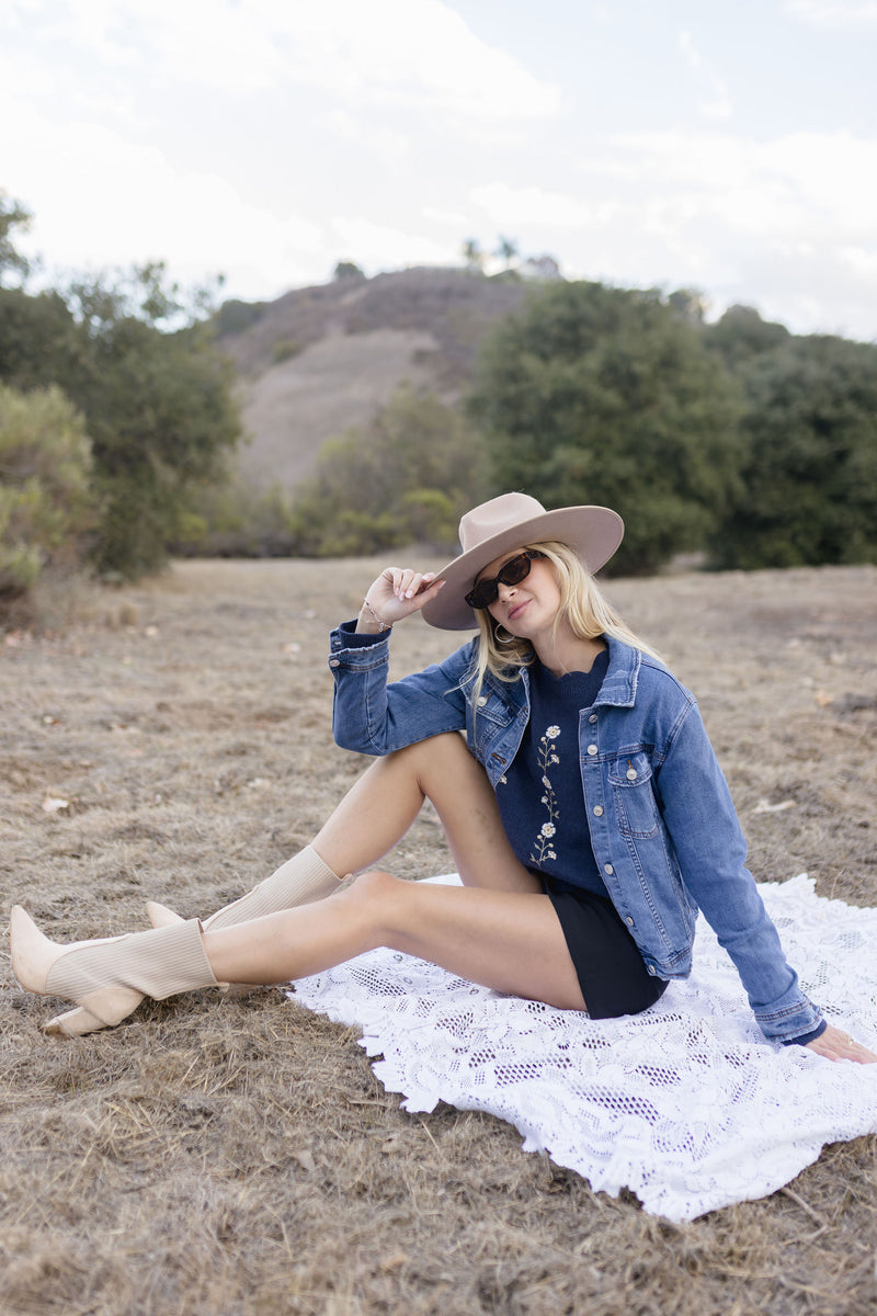 Grace Long Sleeve Floral Embroidered Sweater Navy