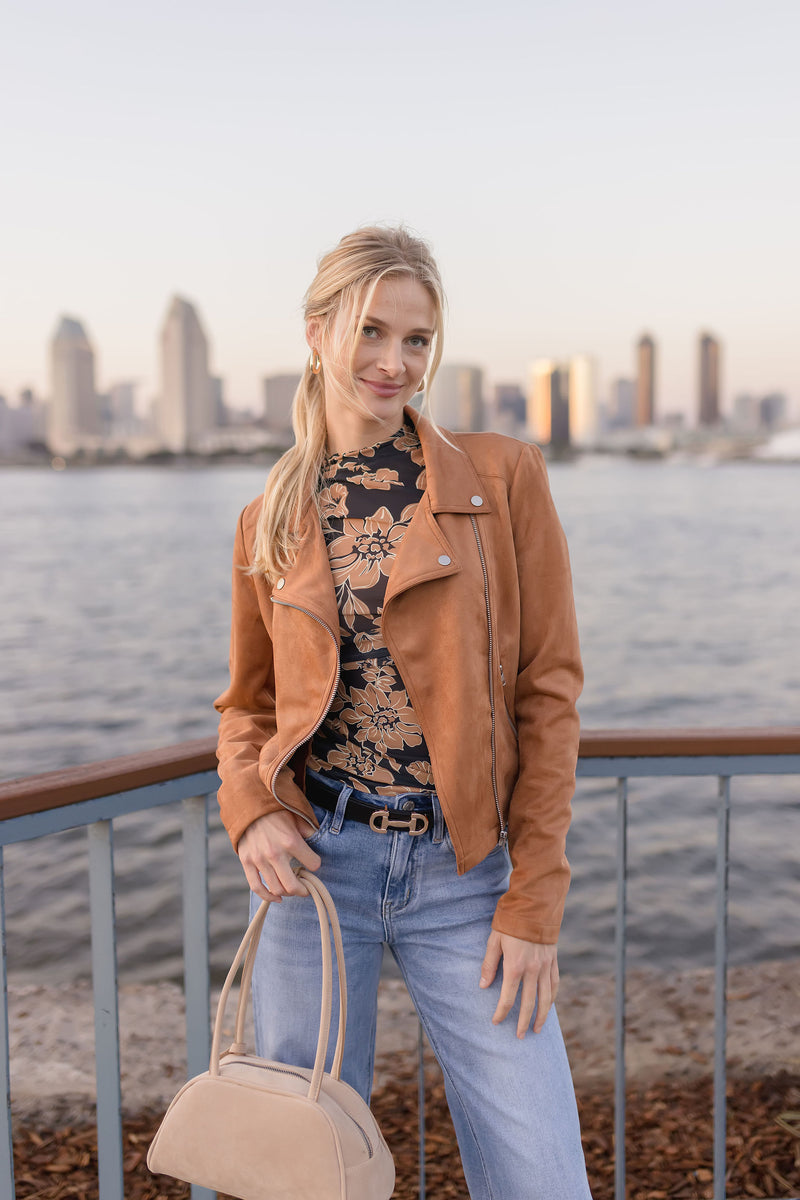 Vegan Suede Moto Jacket Camel
