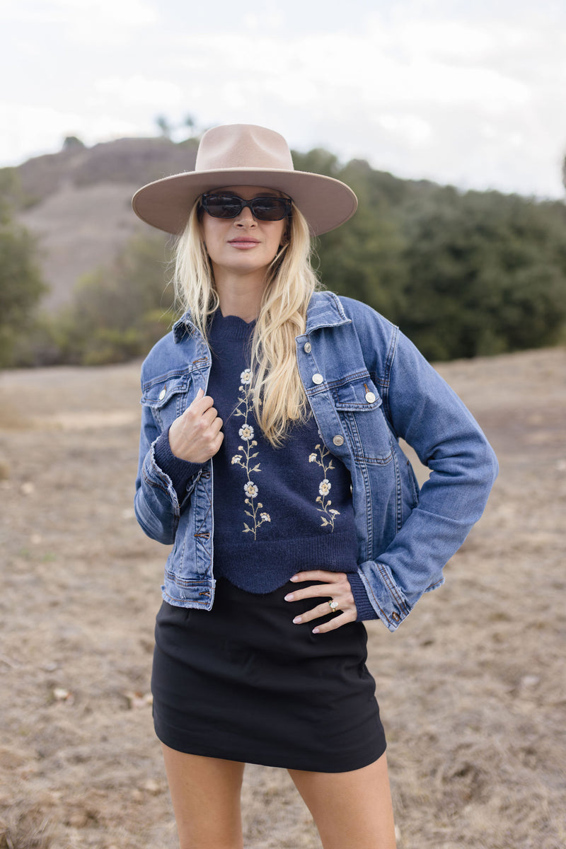 Grace Long Sleeve Floral Embroidered Sweater Navy