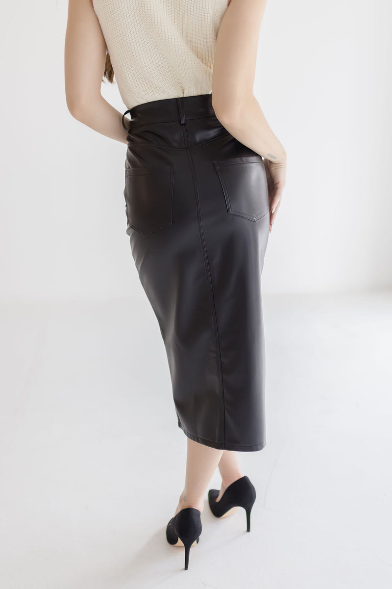 High Waist Vegan Leather Midi Skirt Black