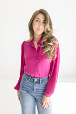  Long Pleated Sleeve Button Down Top Magenta