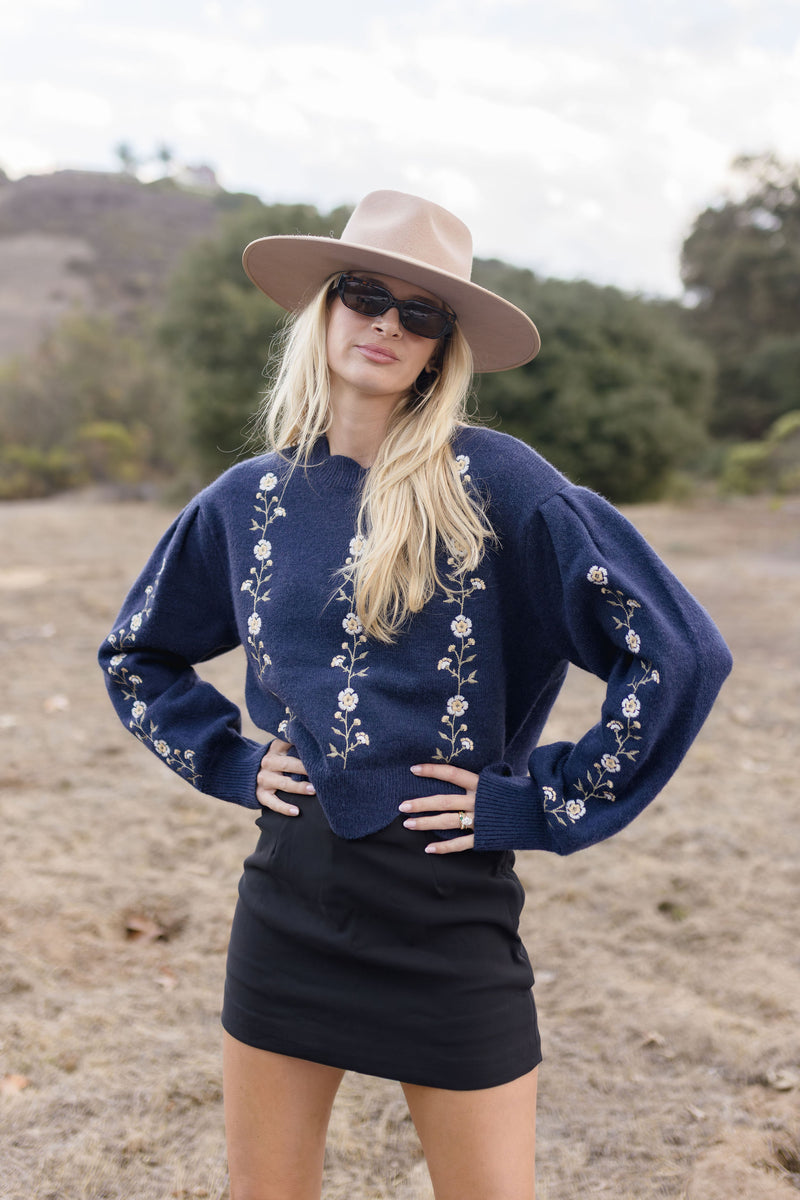 Grace Long Sleeve Floral Embroidered Sweater Navy