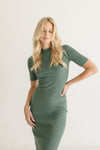 Short Sleeve Ribbed Knit Midi Dress Green
