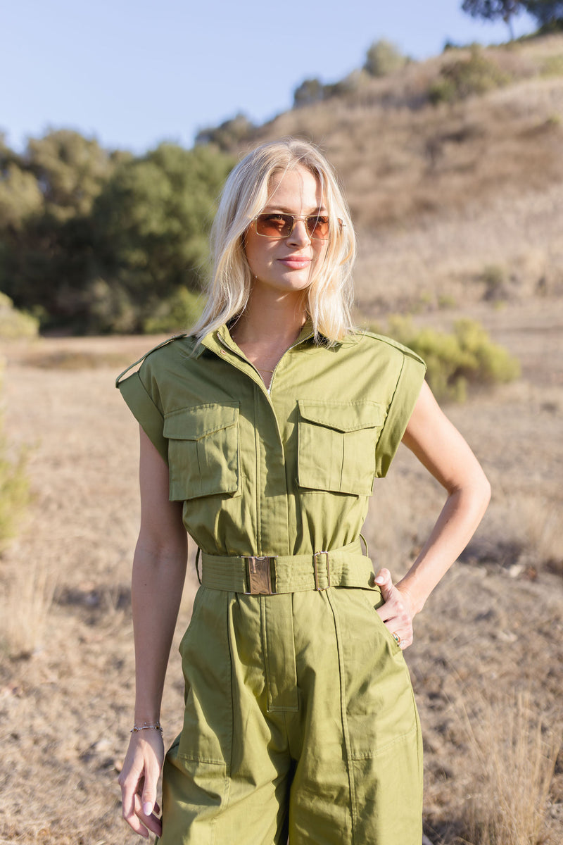 Christine Short Sleeve Belted Utility Wide Leg Jumpsuit Green