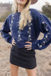 Grace Long Sleeve Floral Embroidered Sweater Navy