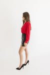  Long Sleeve Lace Cuff Button Down Satin Top Red